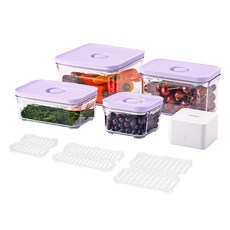 Vacuven Pora 入門款保鮮盒5件組 + 網狀瀝水籃3件組, 1套, 5個密封容器 + 3個網狀濾籃 + 1個手動抽氣泵