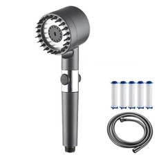 THE ZAKKA 三段增壓過濾按摩蓮蓬頭+軟管 2m+替換濾芯 5入組, 黑色, 1組