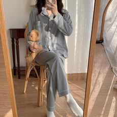 피어니스트 심플 카라 캐주얼 홈 잠옷 상하의 세트