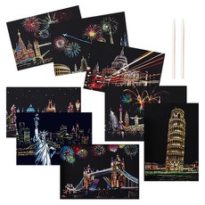 romozU 夜景刮畫本 明信片 DIY 著色卡 8入 + 木棒 2入 套組, 歐洲合集, 古典建築夜景(卡片), 1套