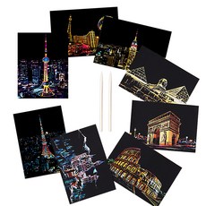 romozU 夜景刮畫本 明信片卡片 DIY著色本卡片 8p + 木棒 2p 套組, 現代城市夜景, 古代建築(卡片), 1套