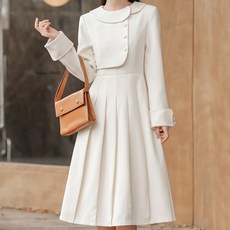 Paperments 圓領鈕扣兩穿式長袖長版連身裙 10232, 象牙白