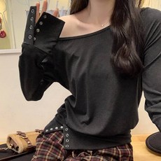 비비에모 여성용 버튼 소매 트임 오프숄더 티셔츠 10149