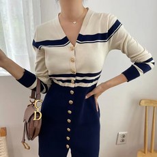 페이퍼먼츠 원트 브이넥 스트라이프 금장 버튼 원피스 10065