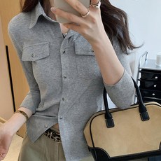페이퍼먼츠 여성용 포켓 카라 부들 코튼 셔츠 10196