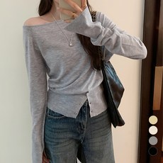 비비에모 여성용 셀르 언발란스 트임 버튼 니트 티셔츠 10001