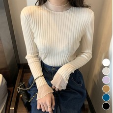 메이첼 여성용 넥 시스루 러블리 골지 니트 티셔츠 10243