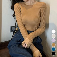 메이첼 여성용 넥 시스루 러블리 골지 니트 티셔츠 10243