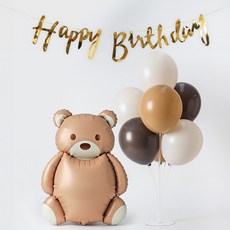 joyparty 生日派對 熊熊氣球 + 生日掛旗組合, 1套, 拿鐵色