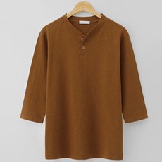 M.N.C 男女通用竹節棉亨利領七分袖T恤 MDLT950RR, 棕色