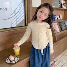 JOYMULTI 女童圓領短版長袖羅紋T恤