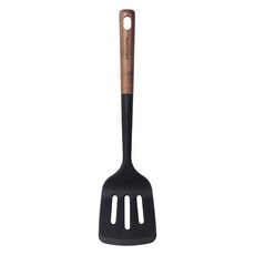 bella cuisine 胡桃木矽膠有孔鍋鏟 翻面鏟 烹飪用具, 黑色, 1個