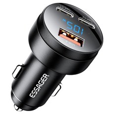 ESSAGER 帶顯示器 3孔車用點菸器 PD PPS 雙Type-C埠 超高速充電器 105W, 黑色, FSJ-008