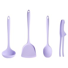 EasySilly 矽膠烹飪工具4件組, 1套, 紫色, 湯勺 + 鍋鏟 + 多功能料理匙 + 料理夾