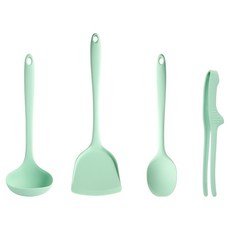 EasySilly 矽膠烹飪工具4件組, 1套, 薄荷綠, 湯勺 + 鍋鏟 + 多功能料理匙 + 料理夾