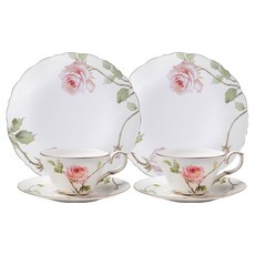 Tealogic 玫瑰花園雙人三件式茶具組, 1套, S號杯碟 2入 + S號盤子 2入, 白色