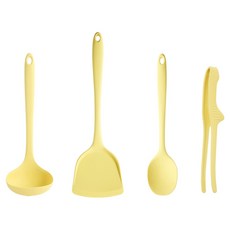 EasySilly 矽膠烹飪工具4件組, 1套, 黃色, 湯勺 + 鍋鏟 + 多功能料理匙 + 料理夾
