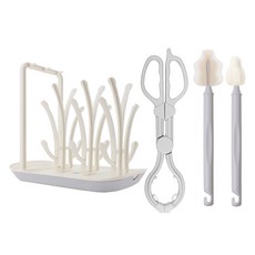 hibee 新生兒哺乳用品清洗組合套裝, 灰色, 奶瓶晾乾架 + 奶瓶夾 + 長款迷你刷 + 長款寬口刷