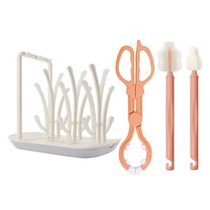 hibee 新生兒哺乳用品清洗組合套裝, 珊瑚粉色, 奶瓶晾乾架 + 奶瓶夾 + 長款迷你刷 + 長款寬口刷