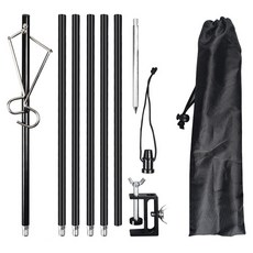 메이크마인 프리미엄 다용도 3단 접이식 랜턴 스탠드 캠핑용 자바라 삼각대 랜턴걸이 플러그인 테이블클립 + 더블 훅 2.1m 세트, 블랙, 1세트