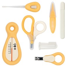 aguard 幼兒用衛生用品手指牙刷+鑷子+指甲剪+指甲刀+耳勺+溫度計+指甲銼刀組, 黃色