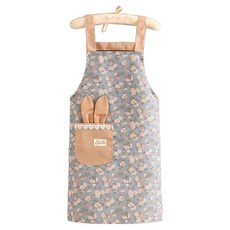 Leovince 典雅時尚帆布吊帶圍裙 花朵兔子, 藍色