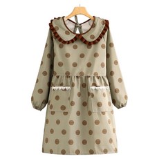 Leovins 簡約素雅帆布娃娃領圍裙, 綠色圓點