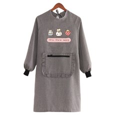 Leovince 簡約基本款拉鍊口袋棉質長袖圍裙 草莓兔子, 黑色