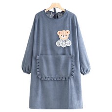 Leovince 簡約日常長袖蕾絲小熊圍裙, 藍色