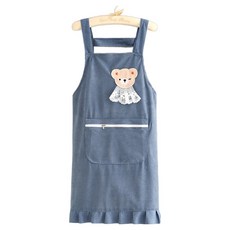 Leovince 簡約日常吊帶蕾絲小熊圍裙, 藍色