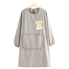 Leovince 簡約日常長袖蕾絲小熊圍裙, 灰色