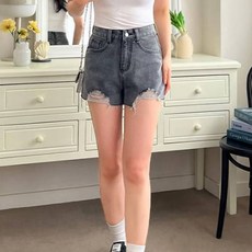 디아미뇽 여성용 에티 데미지 컷팅 숏 데님 팬츠