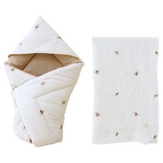 bamiblanc Artist Meong 包巾 + 毛毯套組, 奶油色(包巾), 白色(毛毯)