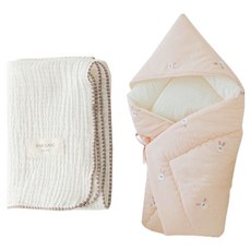 bamiblanc 月兔包巾 + BongBong毛毯組合, 粉紅色(包巾), 米奶油色(毛毯)