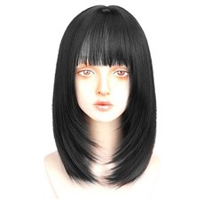 Bellesuve C型捲 自然中短髮 短髮 整頂假髮, 1個, 自然黑