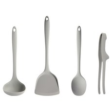 EasySilly 矽膠烹飪工具4件組, 1個, 淺灰色, 湯勺 + 鍋鏟 + 多功能料理匙 +  料理夾