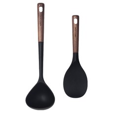 bella cuisine 胡桃木矽膠廚具2件組, 1套, 黑色, 湯勺 + 鍋鏟