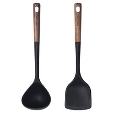 bella cuisine 核桃木矽膠烹飪工具2件組, 1套, 黑色, 炒菜鏟 + 湯勺
