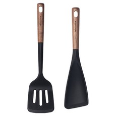 bella cuisine 胡桃木矽膠烹飪工具2件組, 漏鏟 + 炒匙, 1套, 黑色