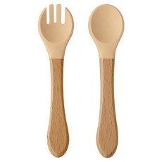 Peripia 兒童用 Koko 矽膠湯匙 + 叉子組, 1套, 湯匙 + 叉子, 柔和米色