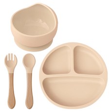 Peripia 嬰幼兒用Coco矽膠餐具4件組, 1套, 吸附碗 + 吸附餐盤 + 湯匙 + 叉子, 柔和米色