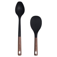 bella cuisine 胡桃木柄矽膠烹飪工具2件組, 1套, 黑色, 料理匙 + 鍋鏟