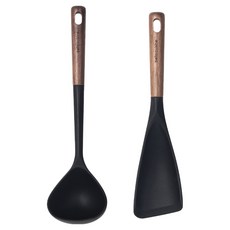 bella cuisine 核桃木矽膠廚具2件組, 1套, 黑色, 湯勺 + 炒匙