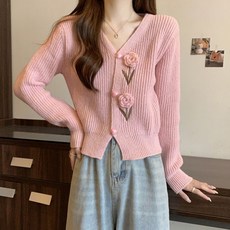 시크힐즈 여성용 꽃 모양 포인트 니트 가디건 00954