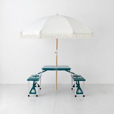 마켓비 캠폴 4인 야외 의자일체형 접이식테이블 + 로밀 테슬 파라솔 세트, 그린 + 베이지