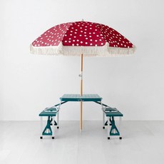 마켓비 캠폴 4인 야외 의자일체형 접이식테이블 + 로밀 테슬 파라솔 세트, 그린 + 다크핑크