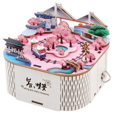 YoungModeler 英工房 旋轉木製音樂盒 春日櫻花 DIY 立體拼圖模型, 56件, 1個, 混合色
