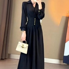 Paperments 腰部鈕扣抓皺翻領中長版洋裝 10078 含大尺碼, 黑色