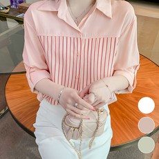 시크힐즈 여성용 컬러 스트라이프 롤업 봄 가을 긴팔 셔츠 00020
