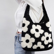 WoolClub 雛菊小花包編織DIY套組, 1套, 727 黑色 + 703 象牙白